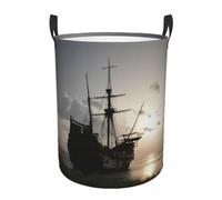 Ship In The Lake Sunset Large Laundry Basket Waterproof Oxford Fabric Collapsible Laundry Hamper With Handle, Round Folding Dirty Clothes Washing Storage Baskets For Bedroom Bathroom Dorm Living Room