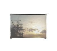 Ship in The Lake Sunset Makeup Pouch Toiletries Bag Portable Unisex Zipper Travel Cosmetic Bags Waterproof Cosmetic Bags Paper Reusable Cosmetic Bag 16.5 Cm X 22.5 Cm