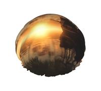 Ship in The Lake Sunset Shower Caps for Women Reusable Waterproof Shower Cap with Elastic Strap Bath Hair Hat Double Layers Thick Bath Caps for Spa Salon Travel