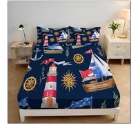 Ship Lighthouse Compass Super King Fitted Sheet, Nautical Theme Bed Cover Home Room Decorative, 12 Inch (30 Cm) Deep Soft Microfiber Elastic Fitted Bed Sheets 180x200x30cm, Dark Blue