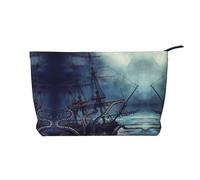 Ship Ocean Corduroy Makeup Bag Travel Organizer Bag Cosmetic Bag Large Wide-Open Pouch