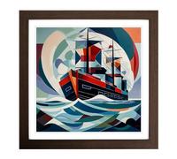 Ship on the Ocean Constructivism No.3 Framed Print | 18x18 Inch Walnut Framed Wall Art | Ready to Hang | Modern Vehicle Picture | Living Room Bedroom Lounge Office