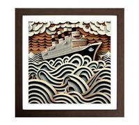 Ship on the Ocean Op Framed Print | 18x18 Inch Walnut Framed Wall Art | Ready to Hang | Modern Vehicle Picture | Living Room Bedroom Lounge Office
