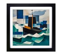 Ship on the Ocean Suprematism No.3 Framed Print | 18x18 Inch Black Framed Wall Art | Ready to Hang | Modern Vehicle Picture | Living Room Bedroom Lounge Office