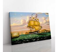 Ship Passing Castle Williams By Thomas Chambers Classic Painting Canvas Wall Art Print Ready to Hang, Framed Picture for Living Room Bedroom Home Office Décor, 50x35 cm (20x14 Inch)