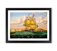 Ship Passing Castle Williams By Thomas Chambers Classic Painting Framed Wall Art Print, Ready to Hang Picture for Living Room Bedroom Home Office Décor, Black A3 (46 x 34 cm)