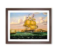 Ship Passing Castle Williams By Thomas Chambers Classic Painting Framed Wall Art Print, Ready to Hang Picture for Living Room Bedroom Home Office Décor, Walnut A2 (64 x 46 cm)
