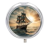 Ship Sailing Alone Pill Organizer 3 Compartment Small Pill Case Round Medicine Organizer Box Portable Travel Pill Box and Vitamin Containers for Supplement Fish Oil Planner