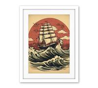 Ship Sailing in Rough Sea Waves Retro Rockabilly Americana 50s Artwork Framed Wall Art Print 18X24 Inch