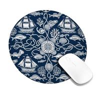Ship Small Mouse Pad, Nautical Vintage Fish Coral Summer Navy Round Rubber Non Slip Portable Mini Desk Mousepad Accessories for Office Home Computer Laptop Round 8x8 Inch