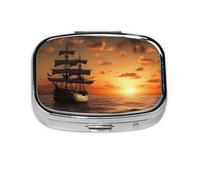 Ship Under The Sunset Print Pill Box Square Pill Case 2 Compartment Small Metal Medicine Organizer Portable Travel Pillbox for Pocket Purse Cute Mini Pill Container to Hold Daily Vitamins