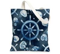Ship Wheel Canvas Tote Bag for Women, Nautical Ocean Seashell Starfish Summer Navy Blue Washable Reusable Small Tote Bag Ideas for Outdoor Travel Workday Reading 13x15 Inch