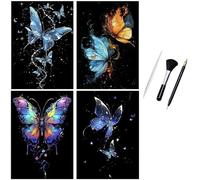 ShipeeKin 4 x Luminous Scratch Pictures, 290 x 210 mm, A4 Wall Picture, Scratch Pictures, Scratch Papers for Adults, Children with Tool Set (Butterfly)
