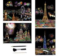 ShipeeKin 4 x Scratch Pictures, 290 x 210 mm Landmarks Wall Picture, Coated Colourful Scratch Paper with Tool Set (Fireworks City)