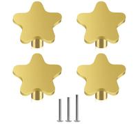 ShipeeKin Gold Brass Drawer Knobs 4 Pack, Brushed Gold Dresser Knobs Solid Brass Pull Knob Star Shape Kitchen Cabinet Pull Handle for Chest of Drawer Furniture Bathroom Cupboard Closet