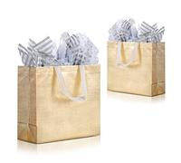 SHIPKEY 10 Pack Gold Gift Bags with Tissue Paper, 12.5x4.7x11 Inches, Reusable Gift Bags, Large Gift Bags, Reusable Grocery Bags for Bridesmaids, Men and Women (32x12x28 cm)