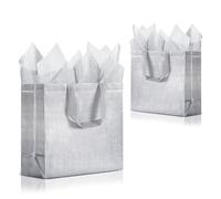 SHIPKEY 10 Pack Silver Gift Bags with Tissue Paper, 12.5x4.7x11 Inches, Reusable Gift Bags, Large Gift Bags, Reusable Grocery Bags for Bridesmaids, Men and Women (32x12x28 cm)