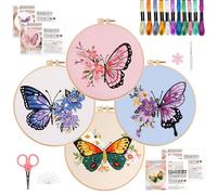 SHIPKEY 4 Sets Beginner Embroidery Kit - Cross Stitch Starter Set with Stamped Patterns | 4 Butterfly Designs