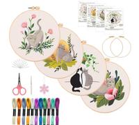 SHIPKEY 4 Sets Embroidery Kit, Cross Stitches for Beginners, Stamped CatA