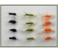 Shipman Buzzer Trout flies, 12 Pack, Black, Orange Olive, Choice of Sizes, Fly Fishing (Mixed 12/14/16)