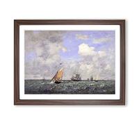 Ships And Sailing Boats By Eugene Boudin Classic Painting Framed Wall Art Print, Ready to Hang Picture for Living Room Bedroom Home Office Décor, Walnut A3 (46 x 34 cm)