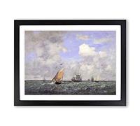 Ships And Sailing Boats By Eugene Boudin Classic Painting Framed Wall Art Print, Ready to Hang Picture for Living Room Bedroom Home Office Décor, Black A4 (34 x 25 cm)