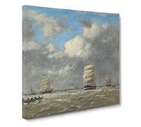 Ships At Le Havre by Eugene Boudin Classic Painting Canvas Wall Art Print Ready to Hang, Framed Picture for Living Room Bedroom Home Office Décor, 14x14 Inch (35x35 cm)