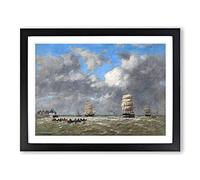Ships At Le Havre By Eugene Boudin Classic Painting Framed Wall Art Print, Ready to Hang Picture for Living Room Bedroom Home Office Décor, Black A4 (34 x 25 cm)