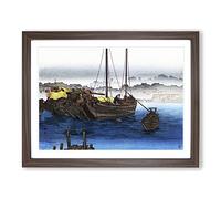Ships & Boat By Takahashi Shotei Asian Japanese Framed Wall Art Print, Ready to Hang Picture for Living Room Bedroom Home Office Décor, Walnut A2 (64 x 46 cm)