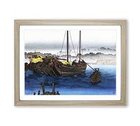 Ships & Boat By Takahashi Shotei Asian Japanese Framed Wall Art Print, Ready to Hang Picture for Living Room Bedroom Home Office Décor, Oak A2 (64 x 46 cm)
