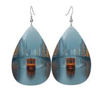 Ships in the river Women's Teardrop Leather Earrings - Lightweight PVC Dangle Earrings, 925 Silver Hooks, Double-Sided Prints | Hypoallergenic Gift