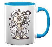 Ships Steering Wheel The Helm Sailor Captain Art Ceramic Tea Coffee Mug Light Blue