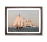 Ships Under Sail By Christoffer Wilhelm Eckersberg Classic Painting Framed Print | A3 Walnut Framed Wall Art | Ready to Hang | Classic Historical Picture | Living Room Bedroom Lounge Office