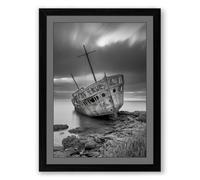 Shipwreck on Rocky Shore Vintage Framed Wall Art Print A1 (84.1×59.4cm) Black, Wall Decor for Living Room, Bedroom, Office & Home, Ready to Hang, Art Gift