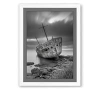 Shipwreck on Rocky Shore Vintage Framed Wall Art Print A3 (42×29.7cm) White, Wall Decor for Living Room, Bedroom, Office & Home, Ready to Hang, Art Gift