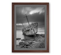 Shipwreck on Rocky Shore Vintage Framed Wall Art Print A4 (29.7×21cm) Walnut, Wall Decor for Living Room, Bedroom, Office & Home, Ready to Hang, Art Gift
