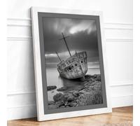 Shipwreck on Rocky Shore Vintage Framed Wall Art Print A4 (29.7×21cm) White, Wall Decor for Living Room, Bedroom, Office & Home, Ready to Hang, Art Gift