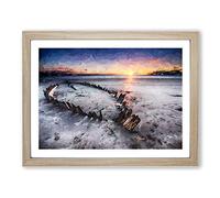 Shipwreck On Rossbeigh Beach In Abstract Modern Art Framed Wall Art Print, Ready to Hang Picture for Living Room Bedroom Home Office Décor, Oak A4 (34 x 25 cm)