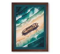 Shipwreck on the Shore Coastal Framed Wall Art Print A3 (42×29.7cm) Walnut, Wall Decor for Living Room, Bedroom, Office & Home, Ready to Hang, Art Gift