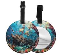Shipwreck Under The Sea Round Luggage Tag 4PCS Ocean Fish PU Leather Travel Bag Tag ID Labels Name Card Holder wtih Buckle for Luggage Suitcase Backpacks