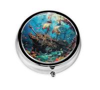 Shipwreck Under The Sea Small Pill Box 3 Compartment Portable Pill Box for Purse Pocket Ocean Fish Mini Medicine Organiser for Daily Vitamin Fish Oil Storage