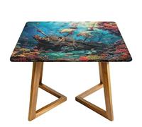 Shipwreck Under The Sea Square Tablecloth with Elastic Edgs Ocean Fish Fitted Table Cover Waterproof Topper Cap for Dining Wedding Party Picnic 130cm