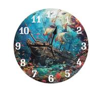 Shipwreck Under The Sea Wall Clock Ocean Fish Silent Non-Ticking Wall Clocks Battery Operated for Living Room Bedroom Kitchen Office Decorative