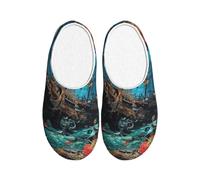 Shipwreck Under The Sea Women's Slippers Flannel House Slippers for Men Ocean Fish Non-Slip Warm Winter Shoes for Indoor Outdoor UK 6-7