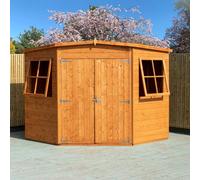 Shire Corner Shed Double Doors Tongue And Groove Garden Shed Workshop Approx 7 X 7 Feet - Honey Brown Timber Basecoat