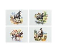 Shire Horse Glass Placemats Set - Vintage Countryside Farmyard Table Mats Gift - Tempered Glass Non-Slip Feet 4pk