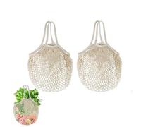 Shirene Mesh Produce Bags, 2 Pack Net Fruit Bags with Long Thick Handles, Reusable Net Shopping Bags for Grocery, Fruit, Vegetable Storage, Travel (Beige)