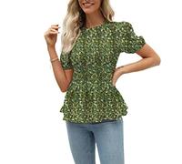 Shirred Floral Blouse, Ruffle Hem Round Neck Slim Tunic Short Sleeved Crewneck Shirred Blouse for Outdoor (L)