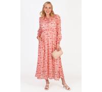 Shirred Shoulder Chiffon Midi Dress - Coral, Ikat Print Sarta Coral 12-14