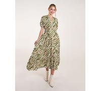 Shirred Waist Button Front Puff Sleeve Midi Dress Blue Vanilla Khaki L